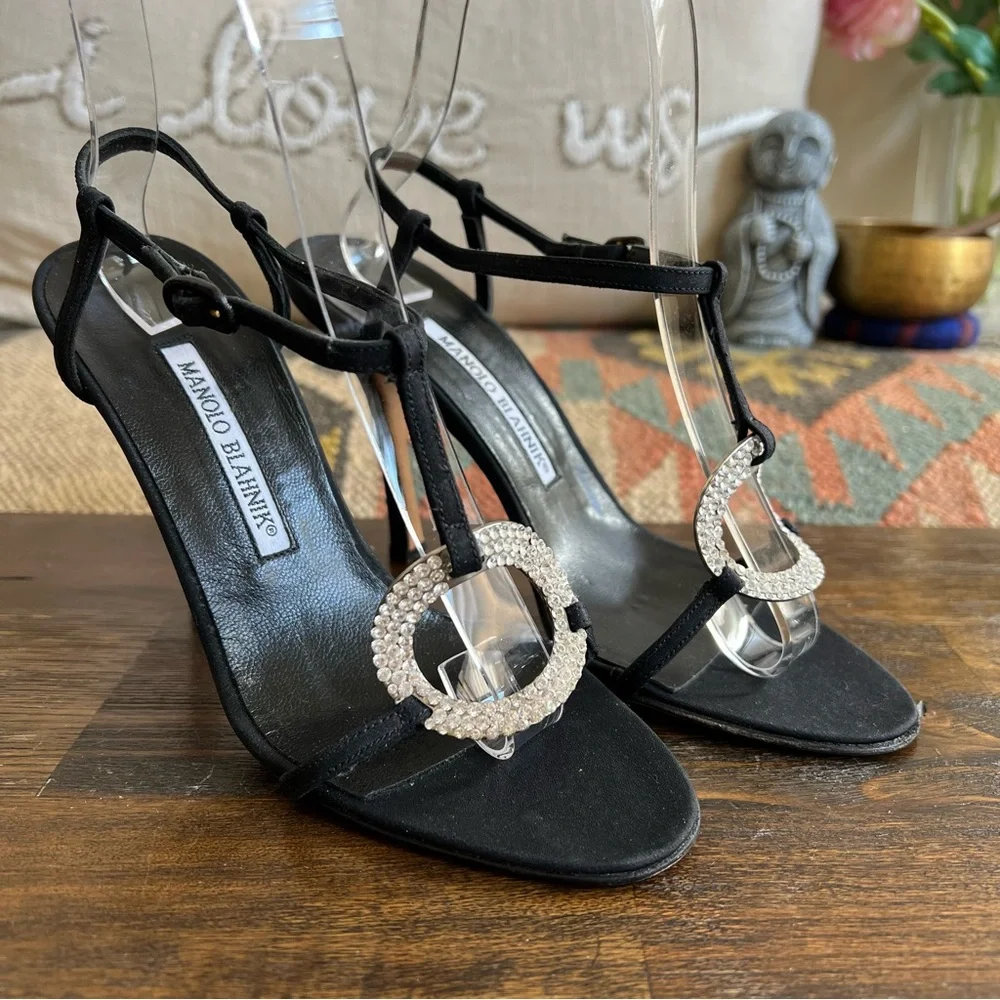 Manolo Blahnik Display Floor Models Cystal Embellished T-Strap Black Heels 36
